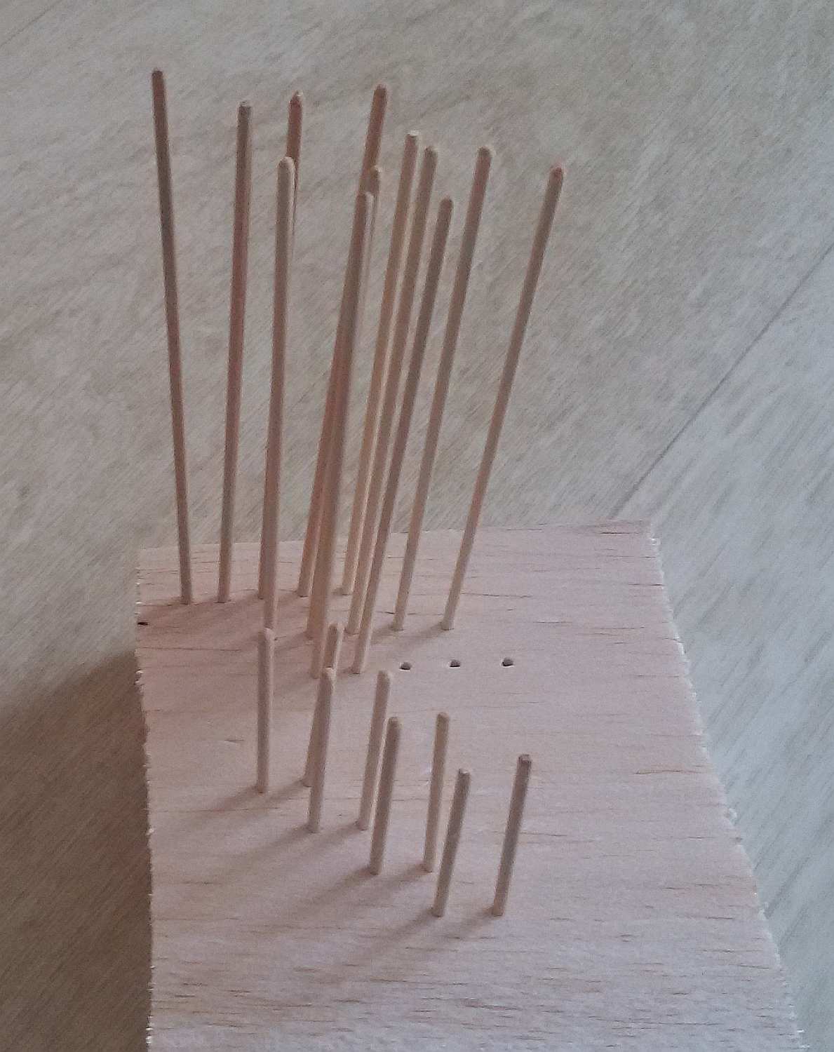 d32.jpg (117.76 KiB) Przejrzano 11575 razy Materiał to lipowy kołek średnicy 2 mm. Ponieważ kolejne żeberka różnią się minimalnie długością, warto ułatwić sobie pracę i mieć je po kolei poukładane.